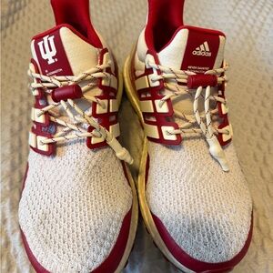 adidas White and Red Athletic Running Shoes with Lace Lock